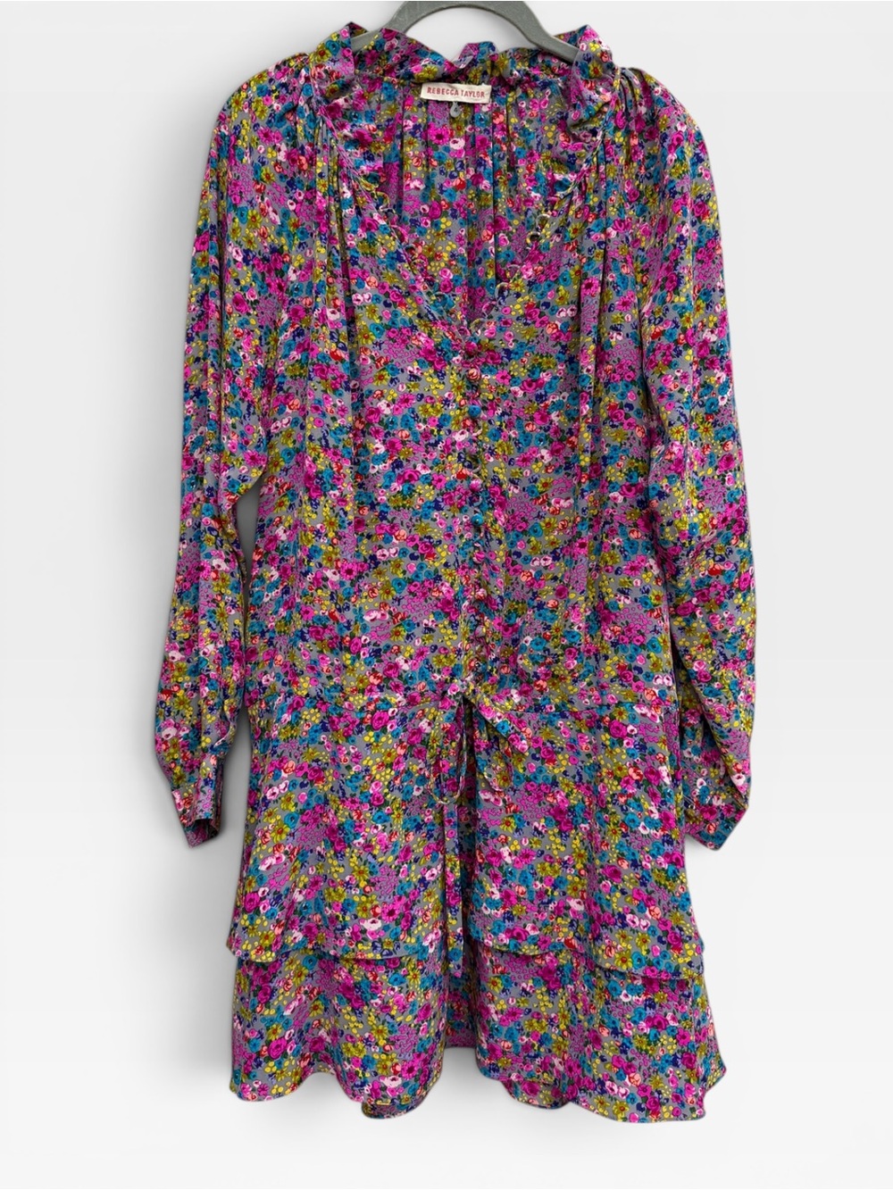 Rebecca Taylor Floral Pleated Blouse in Pink, Yellow & Blue